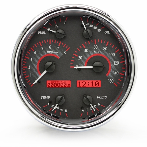 Dakota Digital Gauge Kit, Universal, Single, 7 in, Round, Analog, Carbon Fiber Background, Alloy Style Face, Red Display