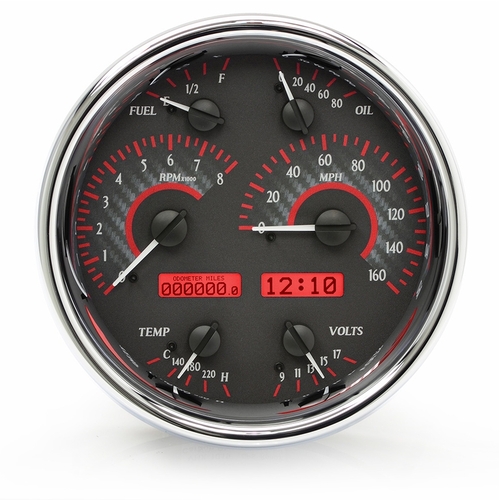 Dakota Digital Gauge Kit, Universal, Single, 7 in., Round, Analog, Carbon Fiber Background, Alloy Style Face, Red Display