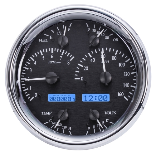 Dakota Digital Gauge Kit, Universal, Single, 7 in, Round, Analog, Black Background, Alloy Style Face, Blue Display