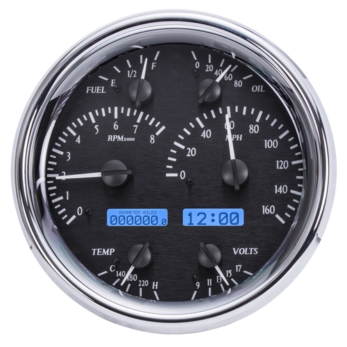 Dakota Digital Gauge Kit, Universal, Single, 7 in., Round, Analog, Black Background, Alloy Style Face, Blue Display