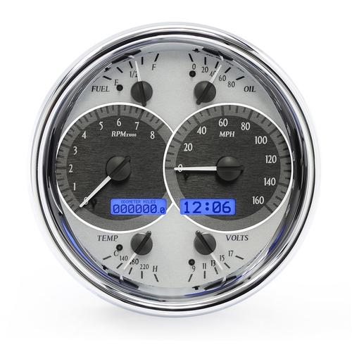 Dakota Digital Gauge Kit, Universal, Single, 7 in, Round, Analog, Silver Background, Alloy Style Face, Blue Display