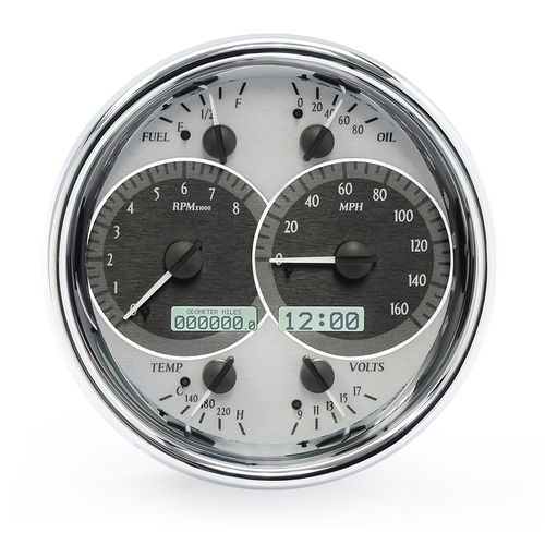 Dakota Digital Gauge Kit, Universal, Single, 7 in, Round, Analog, Silver Background, Alloy Style Face, White Display