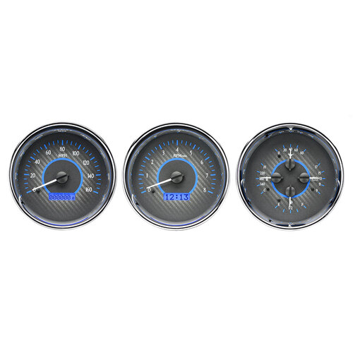 Dakota Digital Gauge Kit, Universal, Trio, 5.4 in. Round, Analog, Carbon Fiber Background, Alloy Style Face, Blue Display
