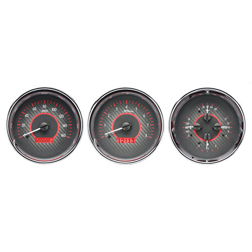 Dakota Digital Gauge Kit, Universal, Trio, 5.4 in. Round, Analog, Carbon Fiber Background, Alloy Style Face, Red Display