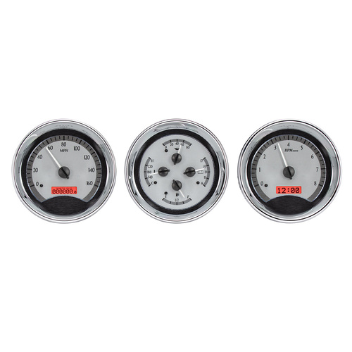 Dakota Digital Gauge Kit, Universal, Trio, 5.4 in. Round, Analog, Black Background, Alloy Style Face, Red Display