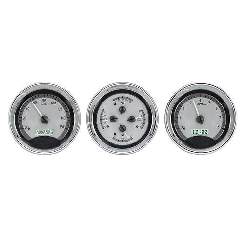 Dakota Digital Gauge Kit, Universal, Trio, 5.4 in. Round, Analog, Black Background, Alloy Style Face, White Display