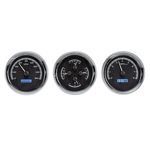 Dakota Digital Gauge Kit, Universal, Trio, 5.4 in. Round, Analog, Silver Background, Alloy Style Face, Blue Display