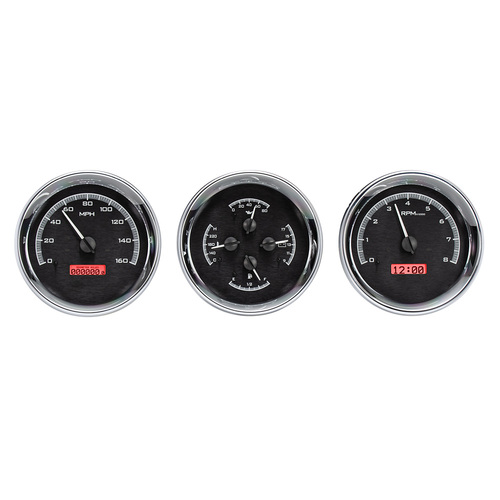 Dakota Digital Gauge Kit, Universal, Trio, 5.4 in. Round, Analog, Silver Background, Alloy Style Face, Red Display