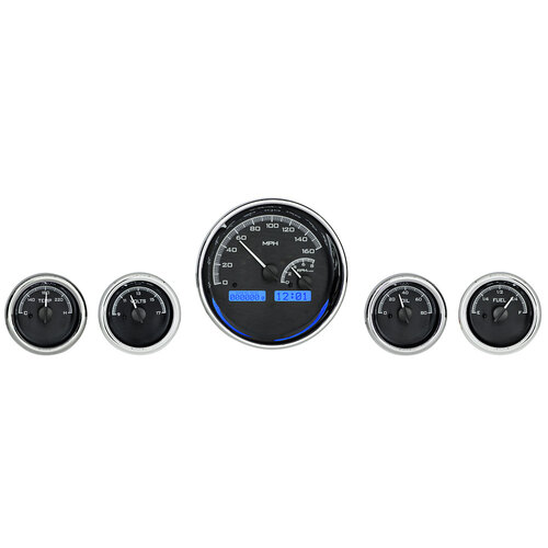 Dakota Digital Gauge Kit, Universal, Five Gauge, Round, Analog, Black Background, Alloy Style Face, Blue Display