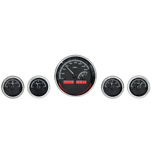 Dakota Digital Gauge Kit, Universal, Five Gauge, Round, Analog, Black Background, Alloy Style Face, Red Display