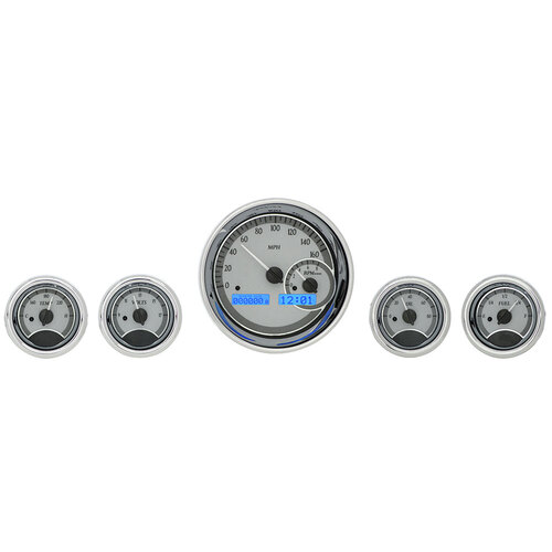 Dakota Digital Gauge Kit, Universal, Five Gauge, Round, Analog, Silver Background, Alloy Style Face, Blue Display