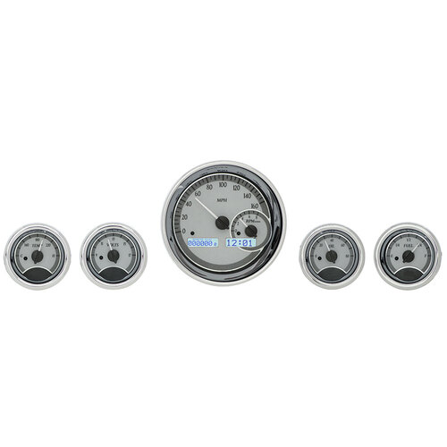 Dakota Digital Gauge Kit, Universal, Five Gauge, Round, Analog, Silver Background, Alloy Style Face, White Display