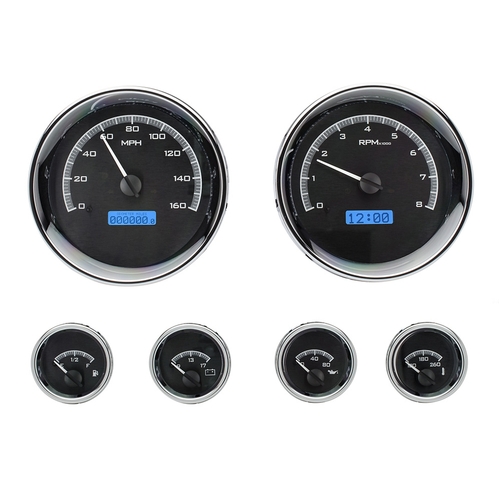 Dakota Digital Gauge Kit, Universal, Six Gauge, Round, Analog, Black Background, Alloy Style Face, Blue Display