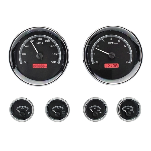 Dakota Digital Gauge Kit, Universal, Six Gauge, Round, Analog, Black Background, Alloy Style Face, Red Display