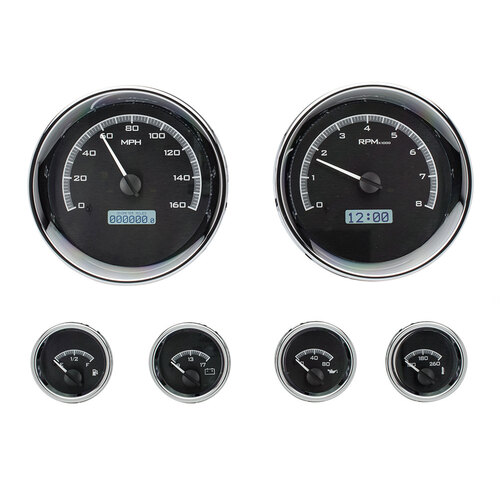 Dakota Digital Gauge Kit, Universal, Six Gauge, Round, Analog, Black Background, Alloy Style Face, White Display