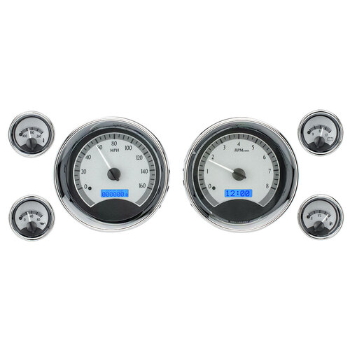 Dakota Digital Gauge Kit, Universal, Six Gauge, Round, Analog, Silver Background, Alloy Style Face, Blue Display