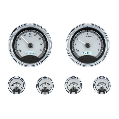 Dakota Digital Gauge Kit, Universal, Six Gauge, Round, Analog, Silver Background, Alloy Style Face, White Display