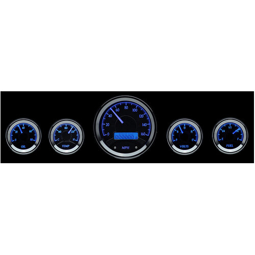 Dakota Digital Gauge Kit, Universal, Five Gauge, Round, Analog, Black Background, Alloy Style Face, Blue Display