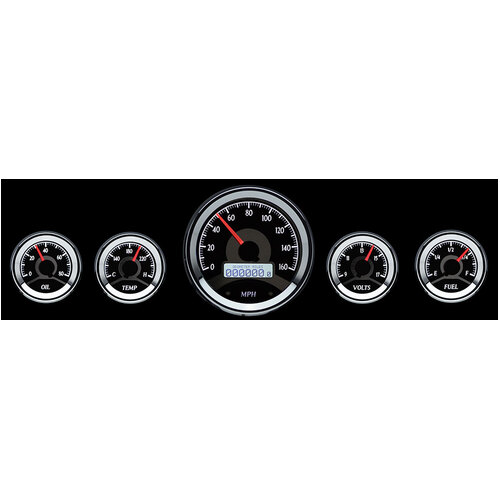 Dakota Digital Gauge Kit, Universal, Five Gauge, Round, Analog, Black Background, Alloy Style Face, White Display