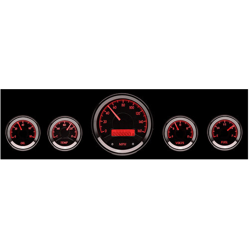 Dakota Digital Gauge Kit, Universal, Five Gauge, Round, Analog, Silver Background, Alloy Style Face, Red Display