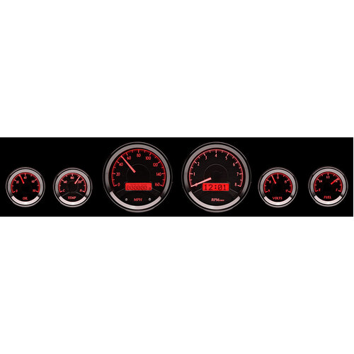 Dakota Digital Gauge Kit, Universal, Six Gauge, Round, Analog, Black Background, Alloy Style Face, Red Display