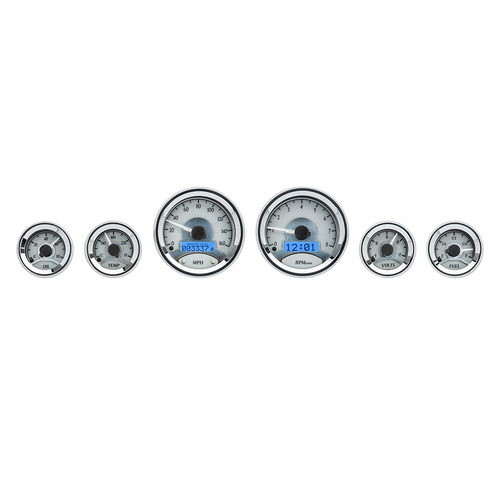 Dakota Digital Gauge Kit, Universal, Six Gauge, Round, Analog, Silver Background, Alloy Style Face, Blue Display