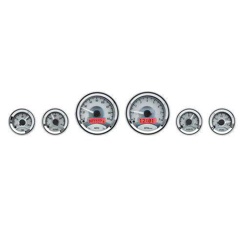 Dakota Digital Gauge Kit, Universal, Six Gauge, Round, Analog, Silver Background, Alloy Style Face, Red Display