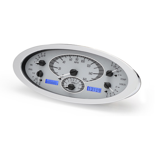 Dakota Digital Gauge Kit, 1932 For Ford, Analog, 12.135 in. x 4.925 in., Silver Background, Alloy Style Face, Blue Display