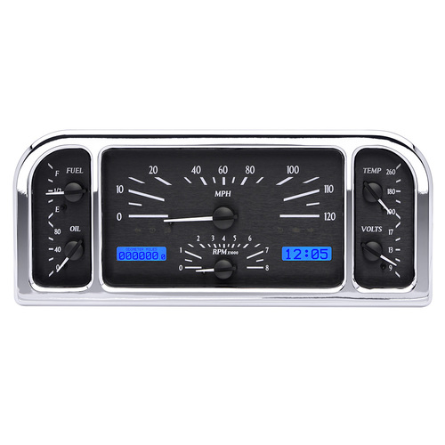 Dakota Digital Gauge Kit, 1937- 38 For Ford, Analog, 11.00 in. x 4.65 in., Black Background, Alloy Style Face, Blue Display