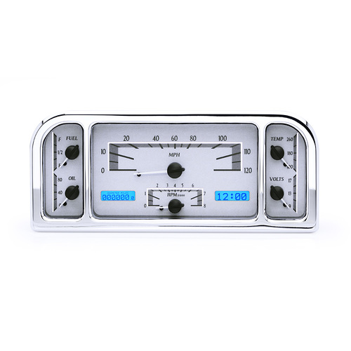 Dakota Digital Gauge Kit, 1937- 38 For Ford, Analog, 11.00 in. x 4.65 in, Silver Background, Alloy Style Face, Blue Display