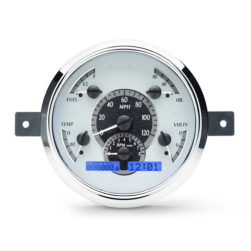 Dakota Digital Gauge Kit, 1949- 50 For Ford, Analog, Silver Background, Alloy Style Face, Blue Display