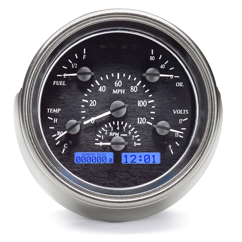 Dakota Digital Gauge Kit, 1951 For Ford, Analog, Black Background, Alloy Style Face, Blue Display