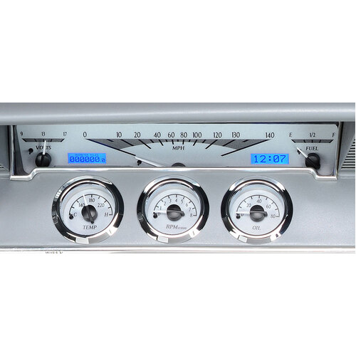 Dakota Digital Gauge Kit, 1961- 62 For Chevrolet For Impala, Analog, Silver Background, Alloy Style Face, Blue Display