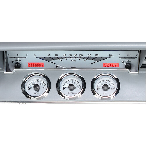 Dakota Digital Gauge Kit, 1961- 62 For Chevrolet For Impala, Analog, Silver Background, Alloy Style Face, Red Display