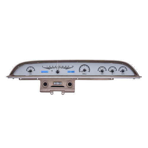 Dakota Digital Gauge Kit, 1962 For Ford Galaxie, Analog, Silver Background, Alloy Style Face, Blue Display