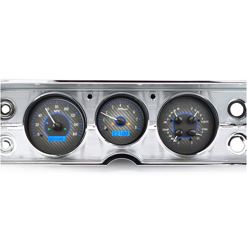 Dakota Digital Gauge Kit, 1964- 65 For Chevrolet For Chevelle/ El Camino, Analog, Carbon Fiber Background, Alloy Style Face, Blue Display