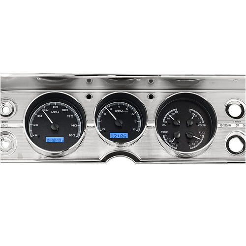 Dakota Digital Gauge Kit, 1964- 65 For Chevrolet For Chevelle/ El Camino, Analog, Black Background, Alloy Style Face, Blue Display