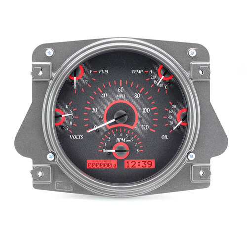 Dakota Digital Gauge Kit, 1966- 77 For Ford Bronco, Analog, Carbon Fiber Background, Alloy Style Face, Red Display