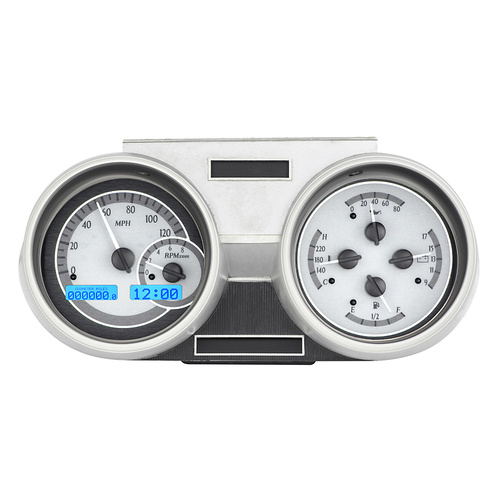 Dakota Digital Gauge Kit, 1966- 67 Oldsmobile Cutlass, Analog, Silver Background, Alloy Style Face, Blue Display