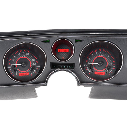 Dakota Digital Gauge Kit, 1976 For Chevrolet For Chevelle/ Malibu/ El Camino, Analog, Carbon Fiber Background, Alloy Style Face, Red Display