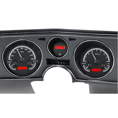 Dakota Digital Gauge Kit, 1970 For Chevrolet For Chevelle/ Malibu/ El Camino, Analog, Black Background, Alloy Style Face, Red Display