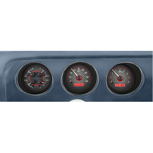 Dakota Digital Gauge Kit, 1976 For Pontiac GTO/ Le Mans, Analog, Carbon Fiber Background, Alloy Style Face, Red Display