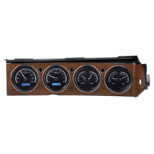 Dakota Digital Gauge Kit, 1970- 74 For Dodge Challenger and 1970- 74 Plymouth Cuda with Rallye dash, Analog, Black Background, Alloy Style Face, Blue 