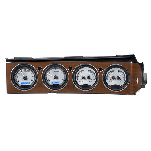 Dakota Digital Gauge Kit, 1970- 74 For Dodge Challenger and 1970- 74 Plymouth Cuda with Rallye dash, Analog, Silver Background, Alloy Style Face, Blue