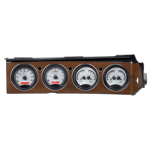 Dakota Digital Gauge Kit, 1970- 74 For Dodge Challenger and 1970- 74 Plymouth Cuda with Rallye dash, Analog, Silver Background, Alloy Style Face, Red 