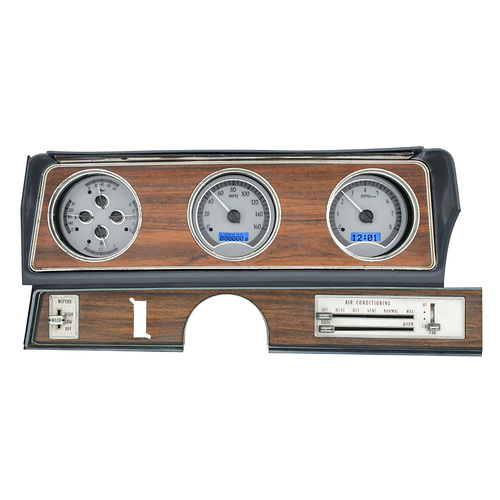 Dakota Digital Gauge Kit, 1970- 72 Oldsmobile Cutlass, Analog, Silver Background, Alloy Style Face, Blue Display