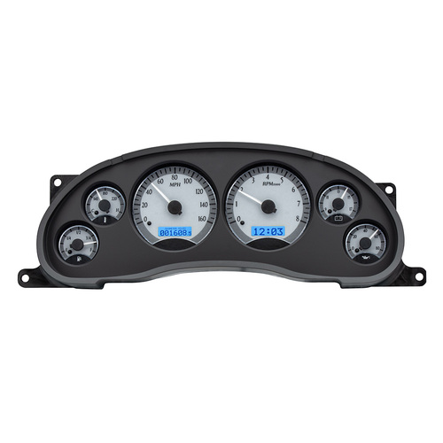 Dakota Digital Gauge Kit, 1994- 2004 For Ford For Mustang, Analog, Silver Background, Alloy Style Face, Blue Display