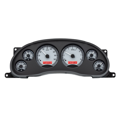 Dakota Digital Gauge Kit, 1994- 2004 For Ford For Mustang, Analog, Silver Background, Alloy Style Face, Red Display