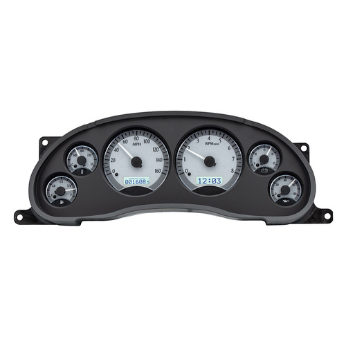 Dakota Digital Gauge Kit, 1994- 2004 For Ford For Mustang, Analog, Silver Background, Alloy Style Face, White Display