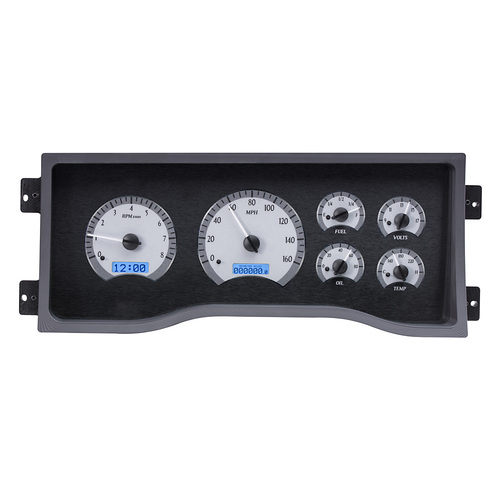 Dakota Digital Gauge Kit, 1995- 98 Full-size, 1995- 00 SUV & HD Pickup For Chevrolet/ GMC, Analog, Silver Background, Alloy Style Face, Blue Display